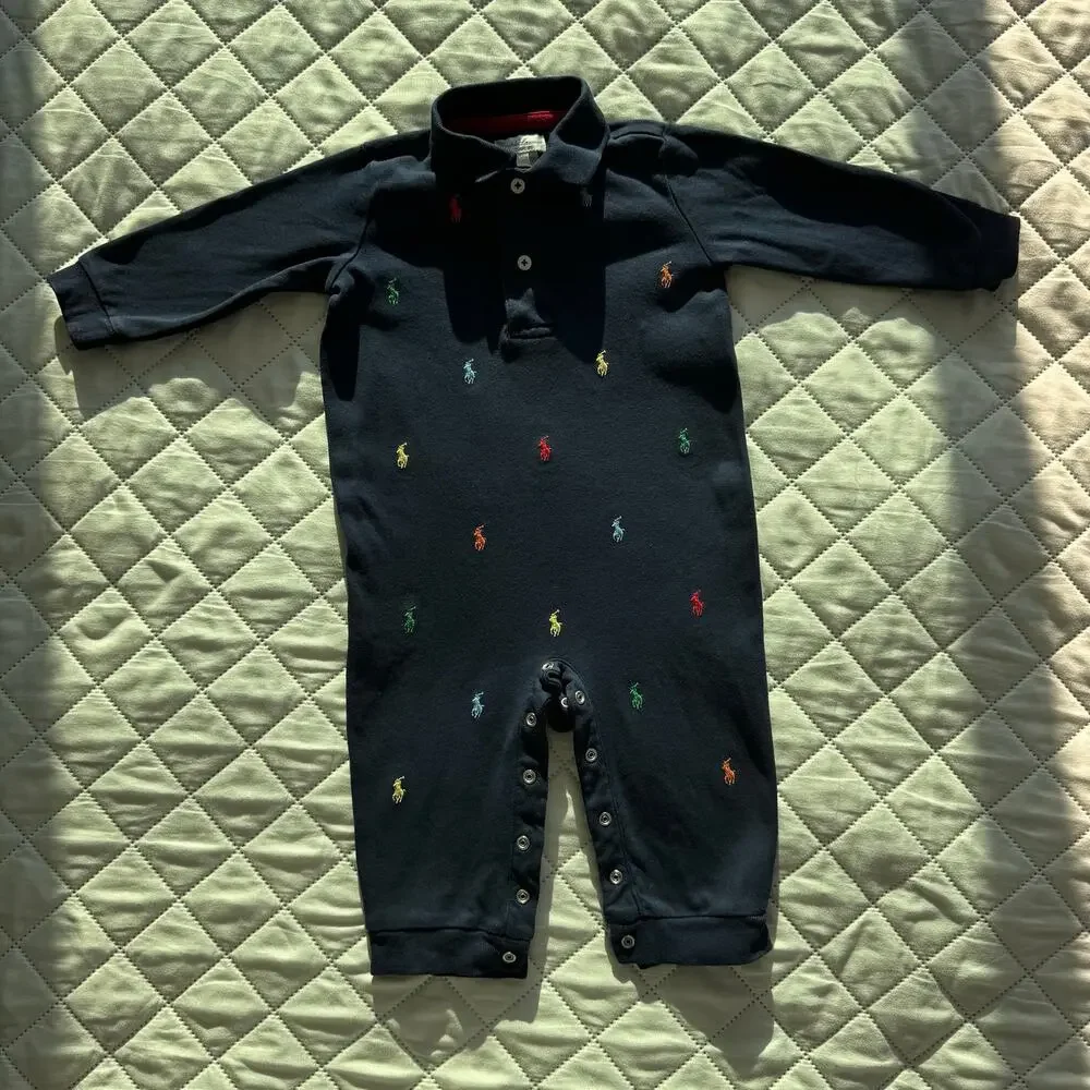 Ralph Lauren Baby Boys 12M Navy Multi Pony Embroidered Polo Coverall Romper